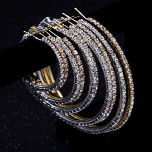 Silver Plated Big Round Thin Rhinestones Stainless Steel Big Crystal Hoop Earrings Women