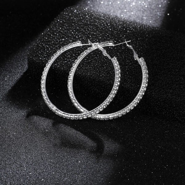 Silver Plated Big Round Thin Rhinestones Stainless Steel Big Crystal Hoop Earrings Women