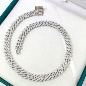 12mm Cuban Silver Chain Plated Necklace for Men Moissanite Prong Link 925 Diamond Bracelet